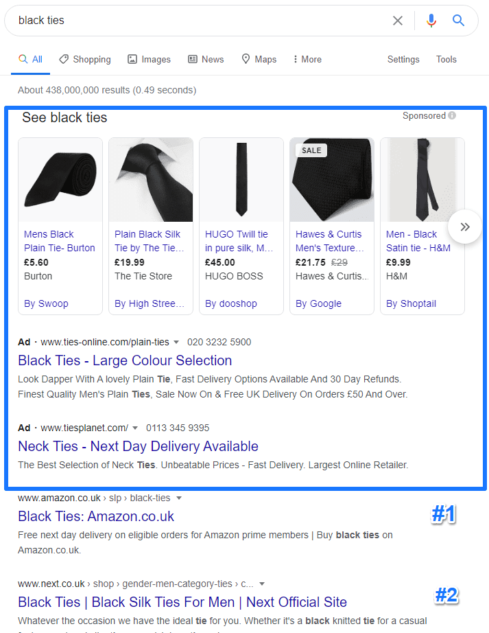 Black tie SERP features