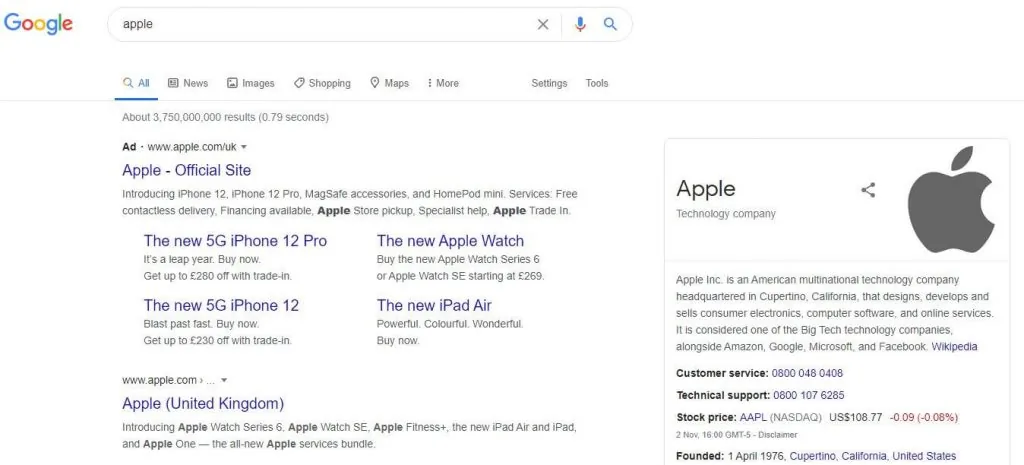 Apple SERP layout