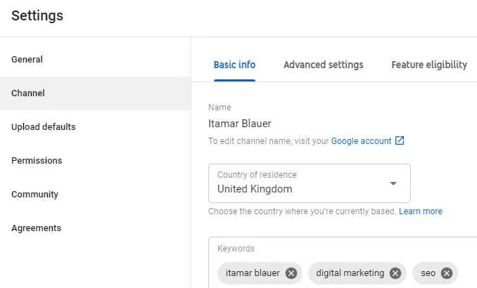 YouTube channel keywords