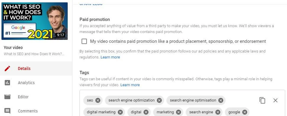 YouTube video tags