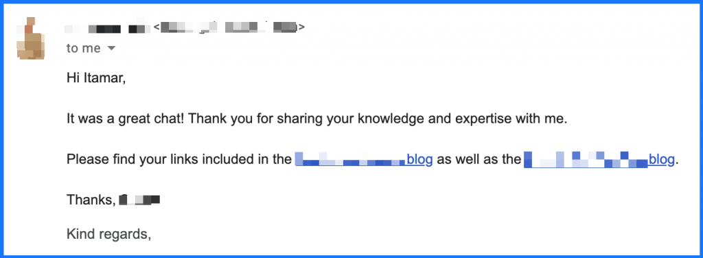 Email reply confirming two backlinks placed using the Teammate Technique