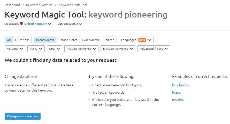 Keyword Pioneering using Semrush Keyword Magic Tool