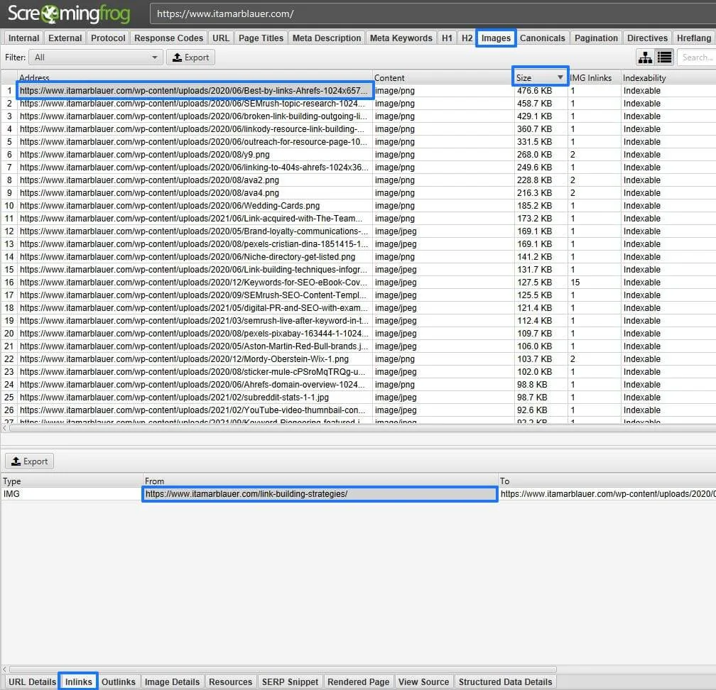 Screaming Frog filter by size and inlinks for image location