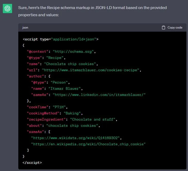 Recipe schema output from ChatGPT