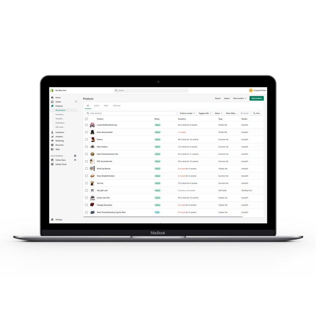 Shopify store product dashboard in the Shopify admin, shown on a MacBook