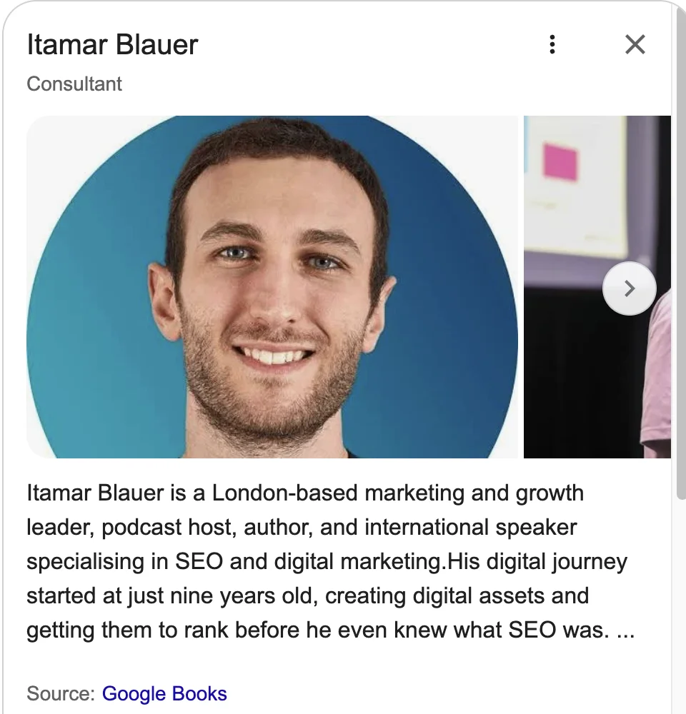 Google AI Mode profile panel describing Itamar Blauer as a London-based marketing and growth leader, sourced from Google Books