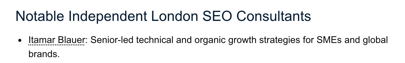 Google AI Mode listing Itamar Blauer first among notable independent London SEO consultants, September 2026