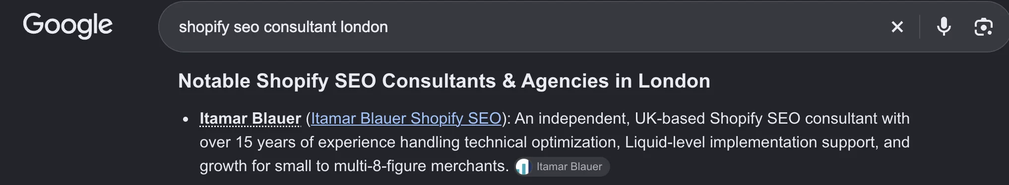 Google AI answer naming Itamar Blauer first among notable Shopify SEO consultants in London, October 2026
